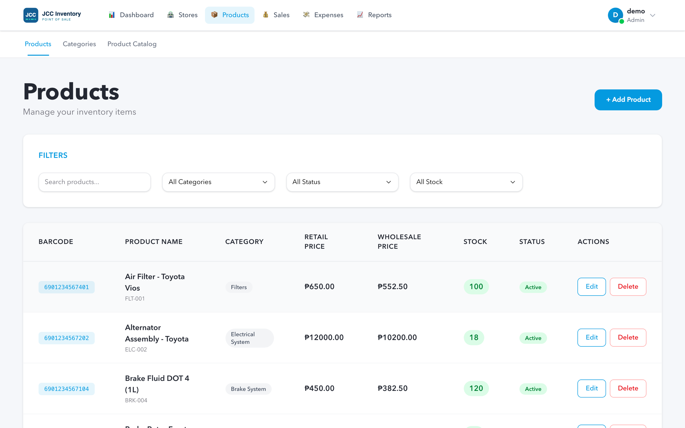 The products screen listing motor parts with barcode, name, category, retail and wholesale price, stock level and status, above search, category, status and stock-level filters.